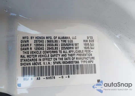 2004 Honda Odyssey Ex from USA, damaged, VIN 5FNRL18634B007366